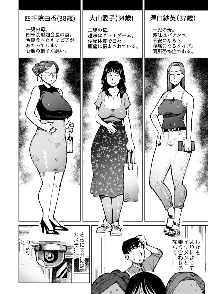 3人の人妻がエレベーターに閉じ込められて着衣脱糞！ エロ同人誌画像 002
