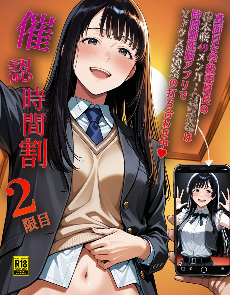 催認時間割2限目  真面目な学級委員長の椿木咲49メンバー倉持未祐は時間割洗脳アプリでセックス学園祭の打ち合わせ中（ハート） エロ同人誌画像 001